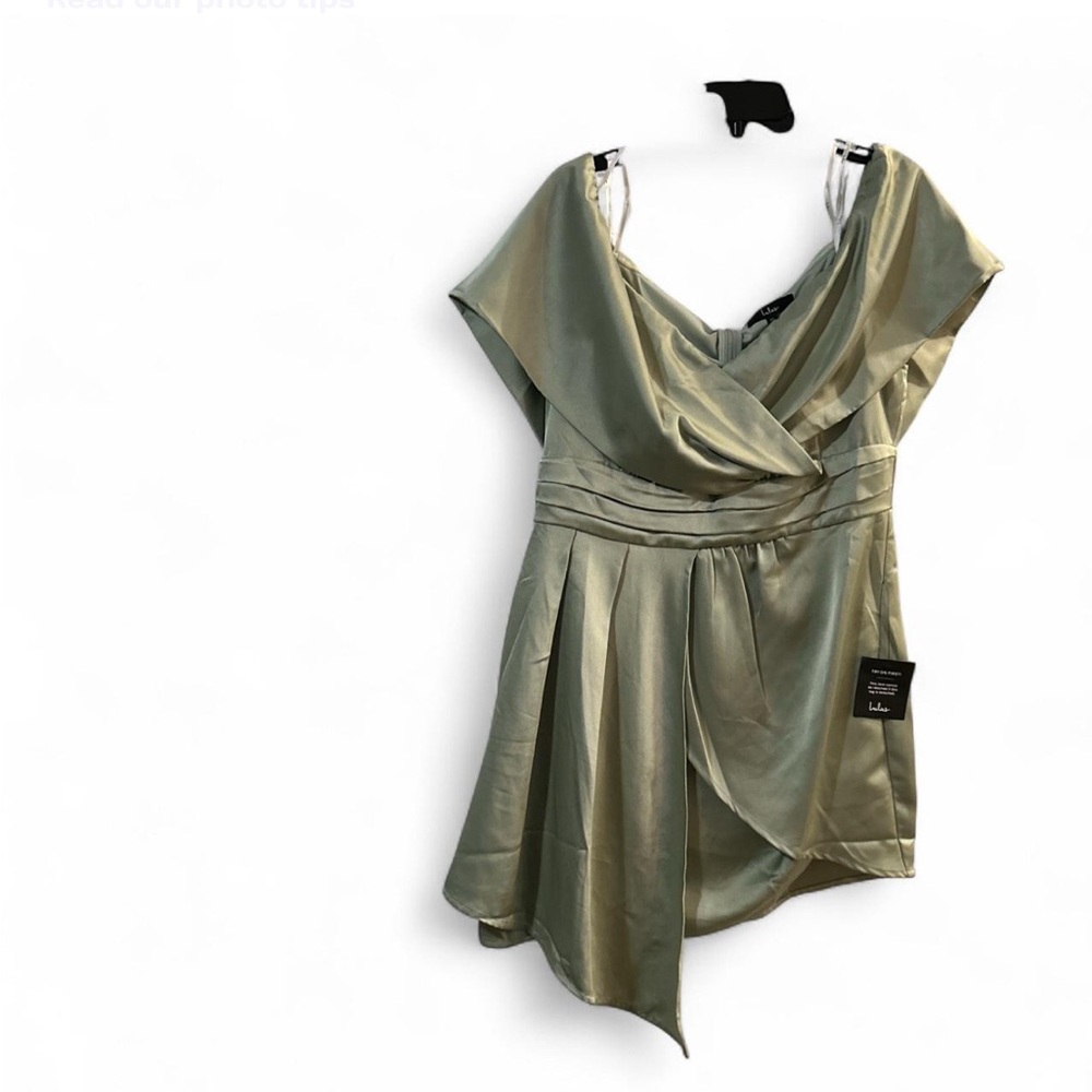 NWT Lulu's Asymmetrical XL Always Celebrating Sage Satin Off-the-Shoulder Mini